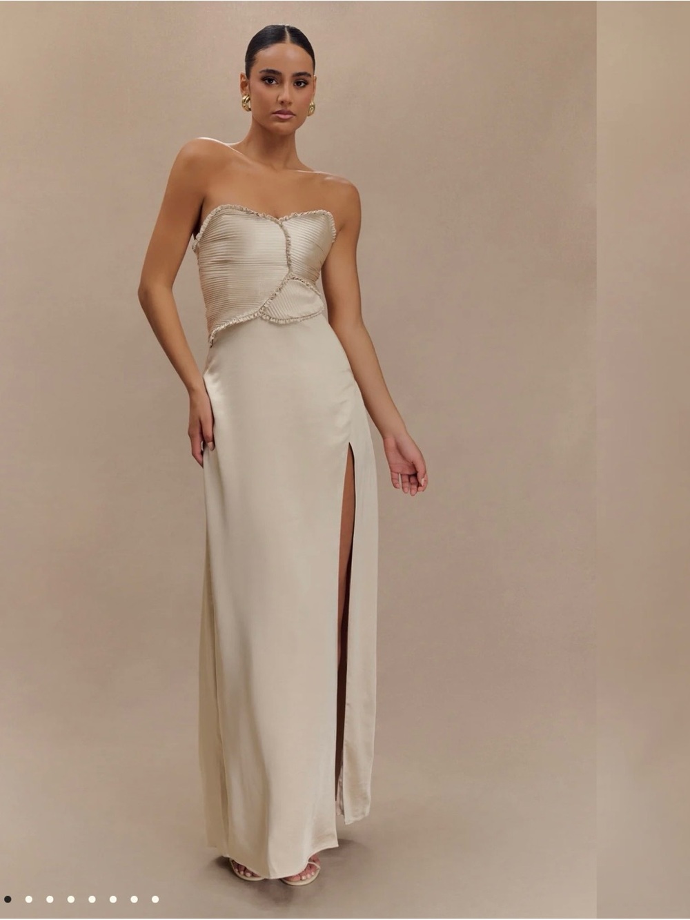 NWT meshki larissa satin maxi dress with ruched petals